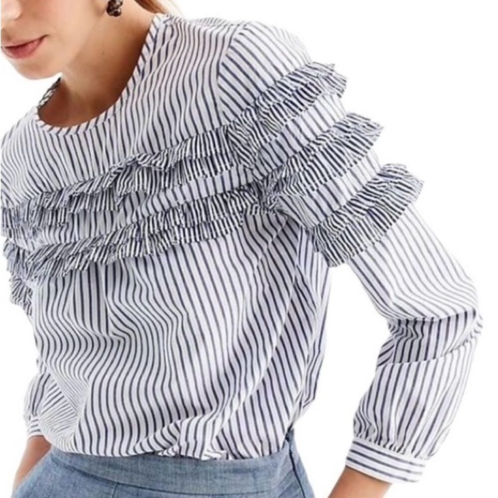 J. Crew Tiered Ruffle Blouse Blue White Stripe 2 Cotton